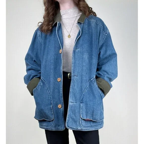 Vintage Denim Barn Coat Field Farm Utility Jean Jacket Oversized Plaid Americana - Picture 1 of 10